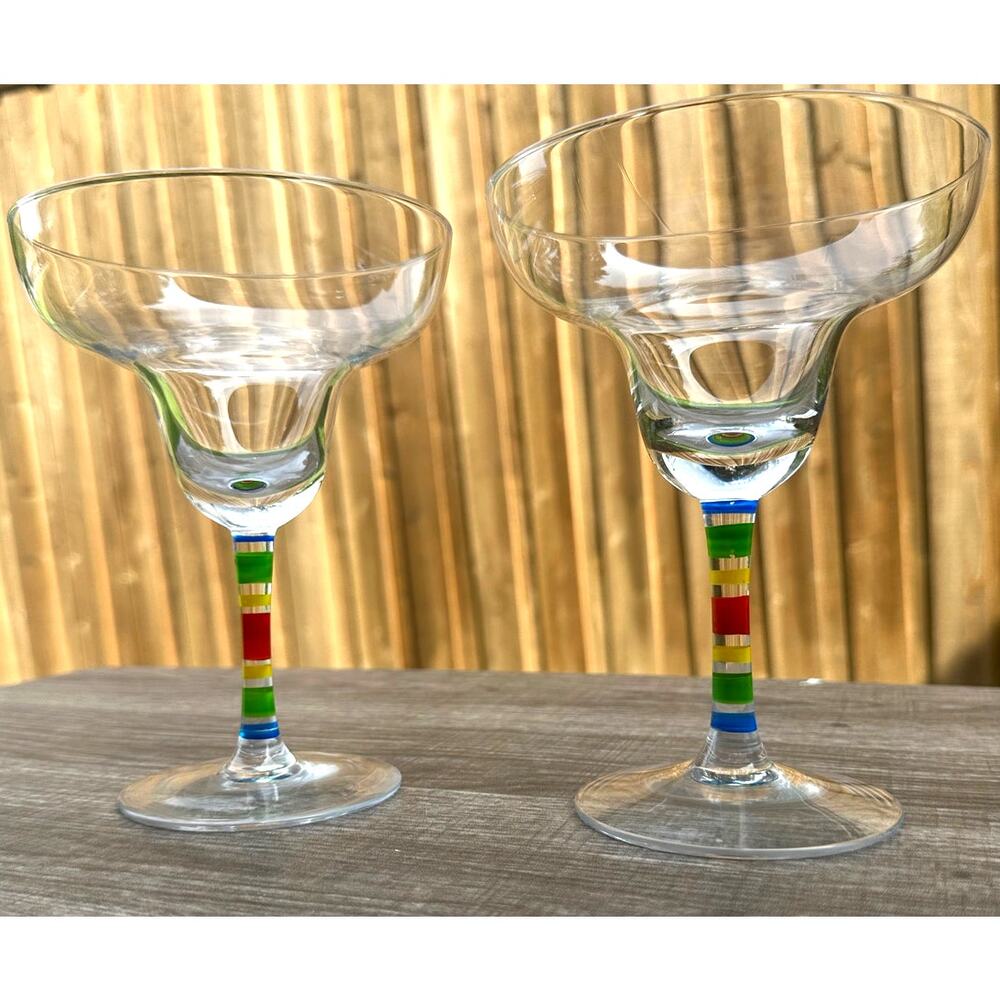 Whimsical Clear Glass Margarita Glasses Rainbow Hand Painted Stem-Set of 2
